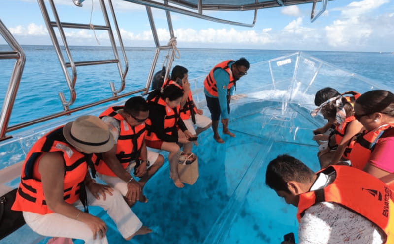 Explore the sea of cozumel in a transprent boat with drinks and snorkel. - The Lego artificial reef stop and the snorkeling option at the end